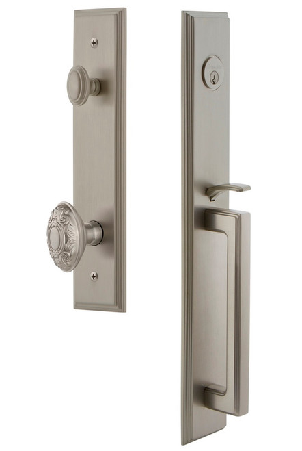 Grandeur Hardware - Carre One-Piece Dummy Handleset with D Grip and Grande Victorian Knob in Satin Nickel - CARDGRGVC - 849082