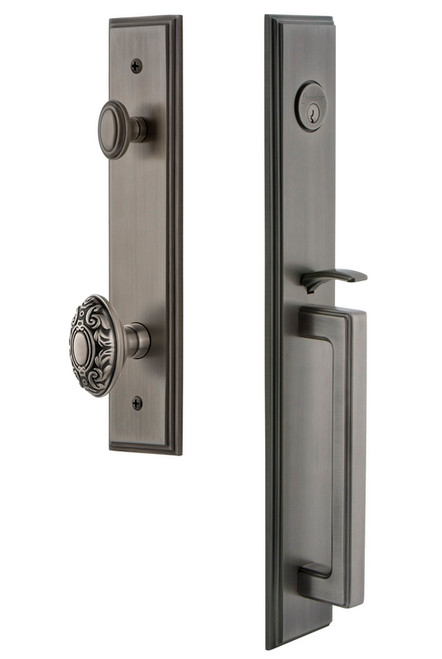 Grandeur Hardware - Carre One-Piece Dummy Handleset with D Grip and Grande Victorian Knob in Antique Pewter - CARDGRGVC - 849072