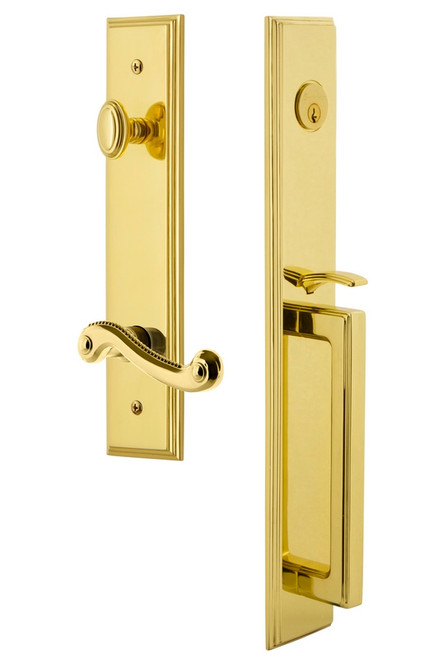 Grandeur Hardware - Carre One-Piece Handleset with D Grip and Newport Lever in Lifetime Brass - CARDGRNEW - 847396