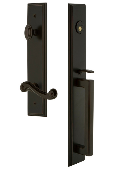 Grandeur Hardware - Carre One-Piece Handleset with D Grip and Newport Lever in Timeless Bronze - CARDGRNEW - 847448