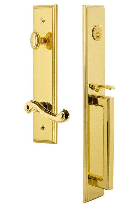 Grandeur Hardware - Carre One-Piece Handleset with D Grip and Newport Lever in Lifetime Brass - CARDGRNEW - 847397