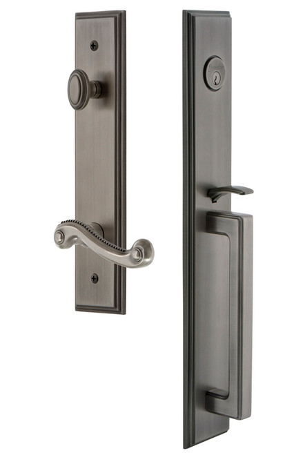 Grandeur Hardware - Carre One-Piece Handleset with D Grip and Newport Lever in Antique Pewter - CARDGRNEW - 847379