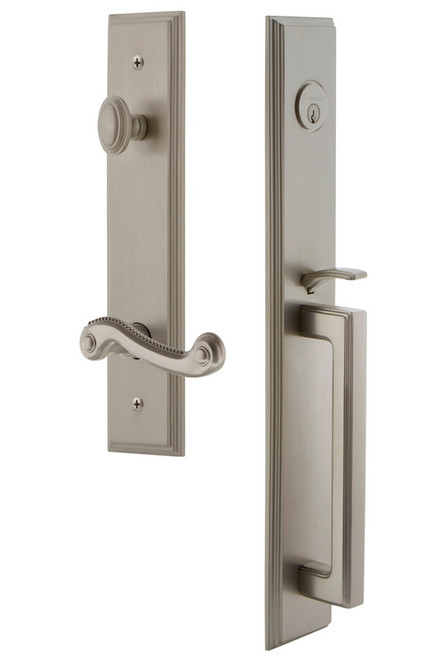 Grandeur Hardware - Carre One-Piece Dummy Handleset with D Grip and Newport Lever in Satin Nickel - CARDGRNEW - 849945