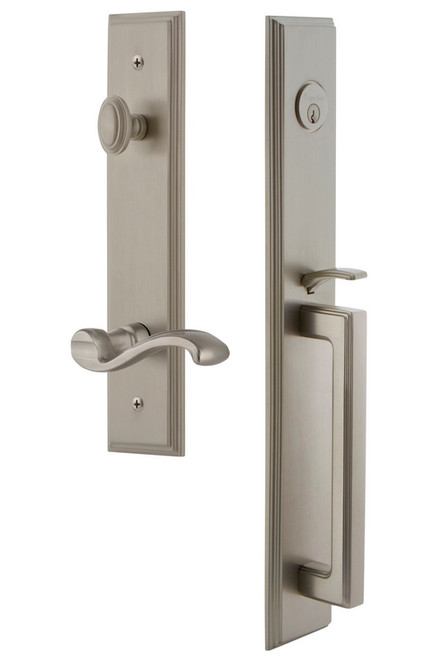 Grandeur Hardware - Carre One-Piece Handleset with D Grip and Portofino Lever in Satin Nickel - CARDGRPRT - 847540