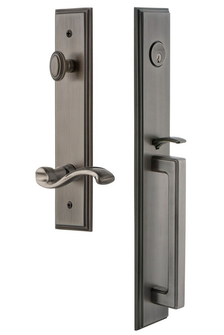 Grandeur Hardware - Carre One-Piece Handleset with D Grip and Portofino Lever in Antique Pewter - CARDGRPRT - 847498