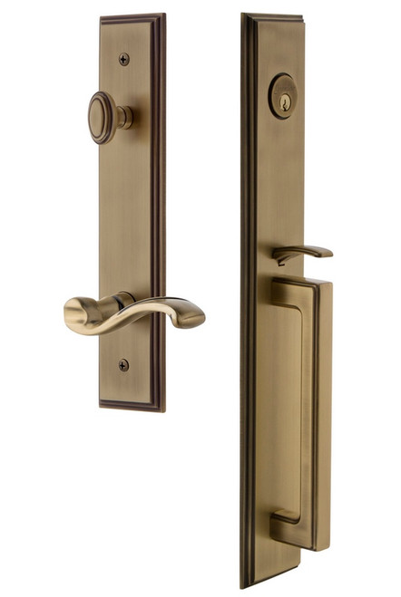Grandeur Hardware - Carre One-Piece Handleset with D Grip and Portofino Lever in Vintage Brass - CARDGRPRT - 847594