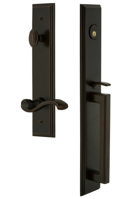 Grandeur Hardware - Carre One-Piece Handleset with D Grip and Portofino Lever in Timeless Bronze - CARDGRPRT - 847565