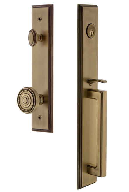 Grandeur Hardware - Carre One-Piece Handleset with D Grip and Soleil Knob in Vintage Brass - CARDGRSOL - 845441