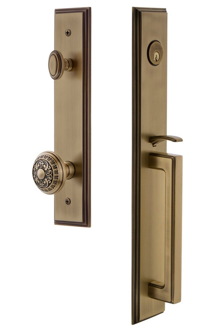 Grandeur Hardware - Carre One-Piece Dummy Handleset with D Grip and Windsor Knob in Vintage Brass - CARDGRWIN - 849242