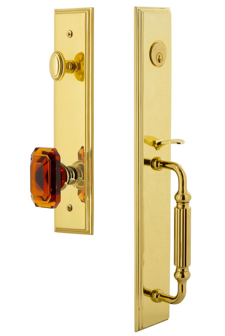 Grandeur Hardware - Carre One-Piece Handleset with F Grip and Baguette Amber Knob in Lifetime Brass - CARFGRBCA - 844517