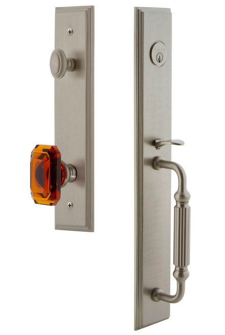Grandeur Hardware - Carre One-Piece Dummy Handleset with F Grip and Baguette Amber Knob in Satin Nickel - CARFGRBCA - 848806