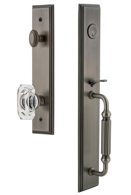 Grandeur Hardware - Carre One-Piece Handleset with F Grip and Baguette Clear Crystal Knob in Antique Pewter - CARFGRBCC - 844568