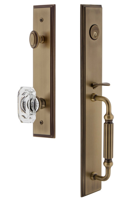 Grandeur Hardware - Carre One-Piece Handleset with F Grip and Baguette Clear Crystal Knob in Vintage Brass - CARFGRBCC - 844617