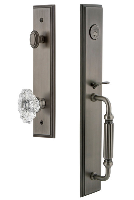 Grandeur Hardware - Carre One-Piece Handleset with F Grip and Biarritz Knob in Antique Pewter - CARFGRBIA - 844629