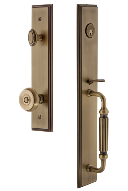 Grandeur Hardware - Carre One-Piece Dummy Handleset with F Grip and Bouton Knob in Vintage Brass - CARFGRBOU - 848916