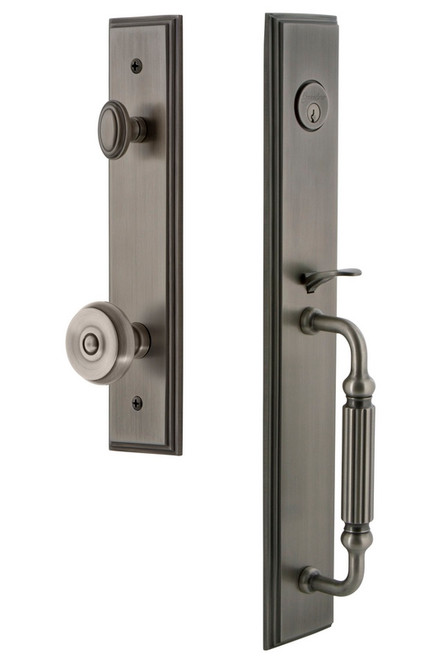 Grandeur Hardware - Carre One-Piece Dummy Handleset with F Grip and Bouton Knob in Antique Pewter - CARFGRBOU - 848896