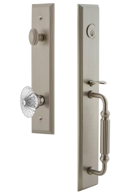 Grandeur Hardware - Carre One-Piece Handleset with F Grip and Burgundy Knob in Satin Nickel - CARFGRBUR - 844832