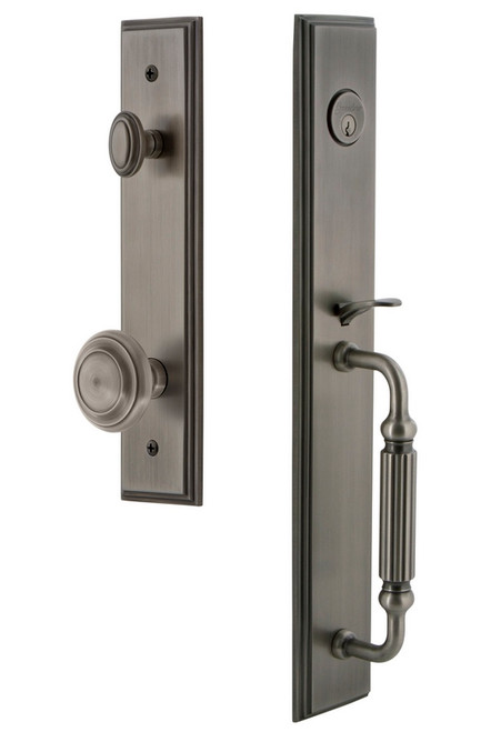 Grandeur Hardware - Carre One-Piece Dummy Handleset with F Grip and Circulaire Knob in Antique Pewter - CARFGRCIR - 848971