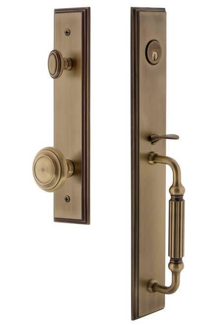 Grandeur Hardware - Carre One-Piece Dummy Handleset with F Grip and Circulaire Knob in Vintage Brass - CARFGRCIR - 848991