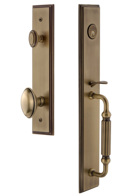 Grandeur Hardware - Carre One-Piece Handleset with F Grip and Eden Prairie Knob in Vintage Brass - CARFGREDN - 845025