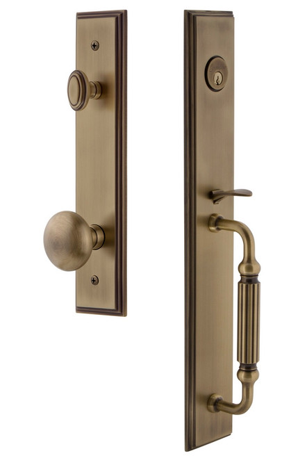 Grandeur Hardware - Carre One-Piece Handleset with F Grip and Fifth Avenue Knob in Vintage Brass - CARFGRFAV - 845082