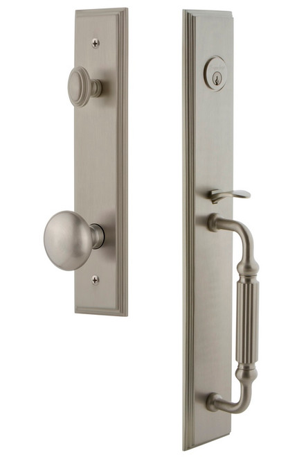 Grandeur Hardware - Carre One-Piece Handleset with F Grip and Fifth Avenue Knob in Satin Nickel - CARFGRFAV - 845060