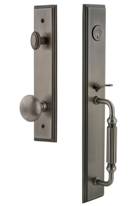 Grandeur Hardware - Carre One-Piece Dummy Handleset with F Grip and Fifth Avenue Knob in Antique Pewter - CARFGRFAV - 849021