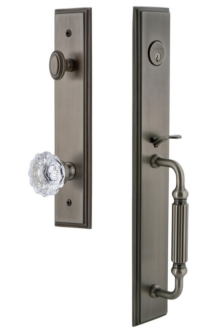 Grandeur Hardware - Carre One-Piece Handleset with F Grip and Fontainebleau Knob in Antique Pewter - CARFGRFON - 845097