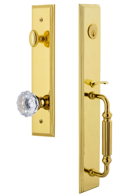 Grandeur Hardware - Carre One-Piece Dummy Handleset with F Grip and Fontainebleau Knob in Lifetime Brass - CARFGRFON - 849051