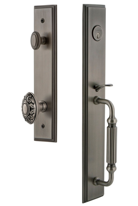 Grandeur Hardware - Carre One-Piece Dummy Handleset with F Grip and Grande Victorian Knob in Antique Pewter - CARFGRGVC - 849071