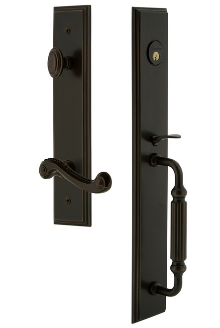 Grandeur Hardware - Carre One-Piece Handleset with F Grip and Newport Lever in Timeless Bronze - CARFGRNEW - 847432