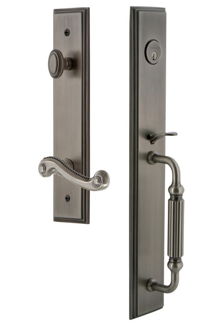Grandeur Hardware - Carre One-Piece Dummy Handleset with F Grip and Newport Lever in Antique Pewter - CARFGRNEW - 849934