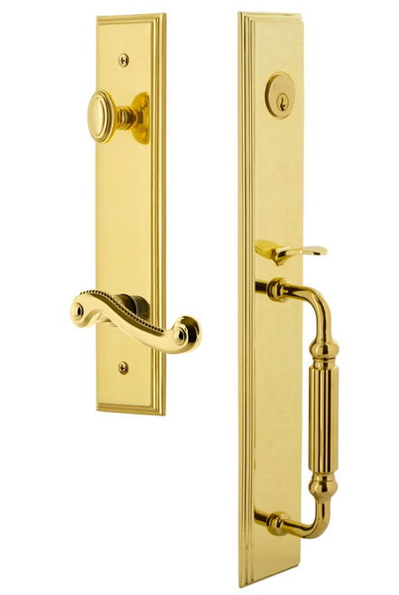Grandeur Hardware - Carre One-Piece Dummy Handleset with F Grip and Newport Lever in Lifetime Brass - CARFGRNEW - 849942