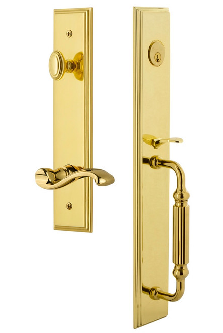 Grandeur Hardware - Carre One-Piece Handleset with F Grip and Portofino Lever in Lifetime Brass - CARFGRPRT - 847503