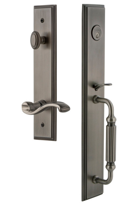 Grandeur Hardware - Carre One-Piece Dummy Handleset with F Grip and Portofino Lever in Antique Pewter - CARFGRPRT - 849974