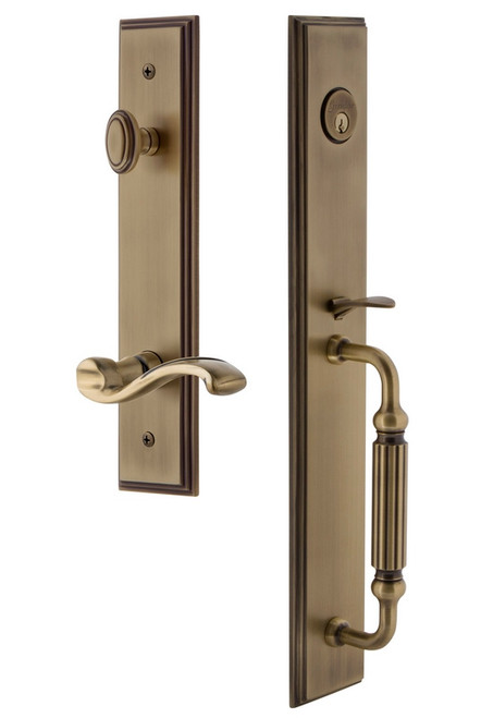 Grandeur Hardware - Carre One-Piece Dummy Handleset with F Grip and Portofino Lever in Vintage Brass - CARFGRPRT - 850006