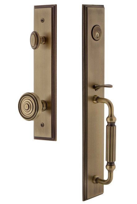 Grandeur Hardware - Carre One-Piece Dummy Handleset with F Grip and Soleil Knob in Vintage Brass - CARFGRSOL - 849191