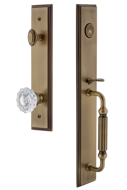 Grandeur Hardware - Carre One-Piece Handleset with F Grip and Versailles Knob in Vintage Brass - CARFGRVER - 845503