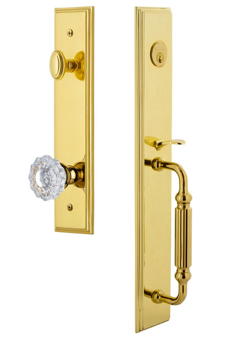 Grandeur Hardware - Carre One-Piece Dummy Handleset with F Grip and Versailles Knob in Lifetime Brass - CARFGRVER - 849201