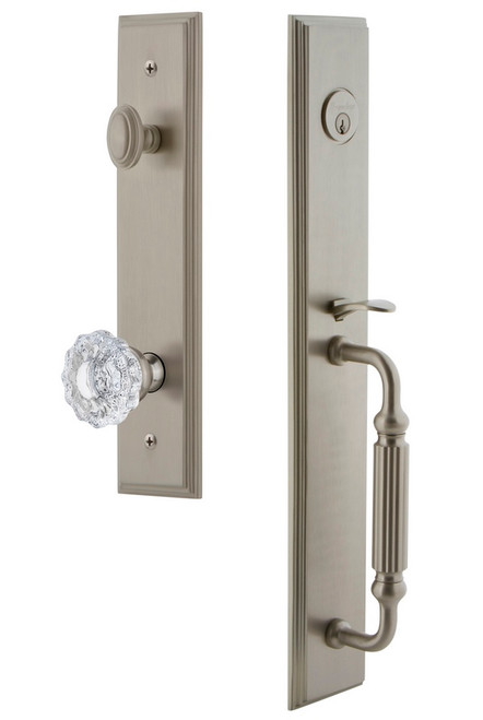 Grandeur Hardware - Carre One-Piece Dummy Handleset with F Grip and Versailles Knob in Satin Nickel - CARFGRVER - 849206