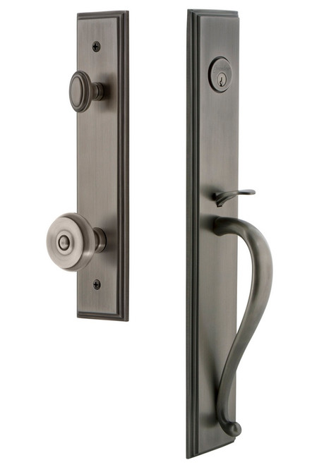 Grandeur Hardware - Carre One-Piece Handleset with S Grip and Bouton Knob in Antique Pewter - CARSGRBOU - 844751