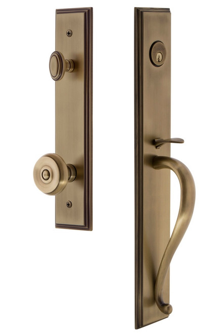 Grandeur Hardware - Carre One-Piece Handleset with S Grip and Bouton Knob in Vintage Brass - CARSGRBOU - 844800