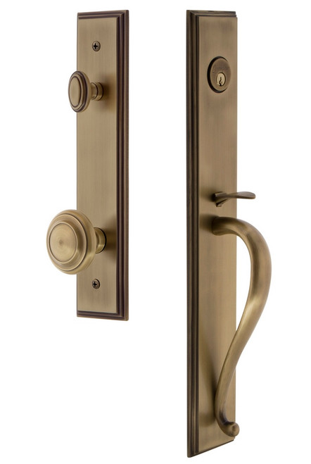 Grandeur Hardware - Carre One-Piece Handleset with S Grip and Circulaire Knob in Vintage Brass - CARSGRCIR - 844966