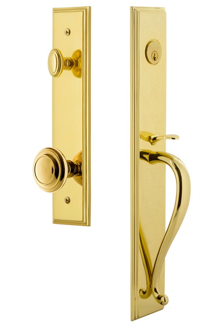 Grandeur Hardware - Carre One-Piece Handleset with S Grip and Circulaire Knob in Lifetime Brass - CARSGRCIR - 844931