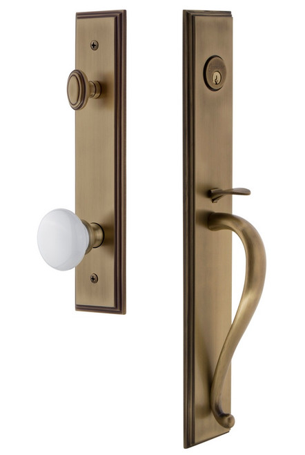 Grandeur Hardware - Carre One-Piece Handleset with S Grip and Hyde Park Knob in Vintage Brass - CARSGRHYD - 845268