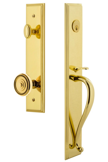 Grandeur Hardware - Carre One-Piece Handleset with S Grip and Soleil Knob in Lifetime Brass - CARSGRSOL - 845413