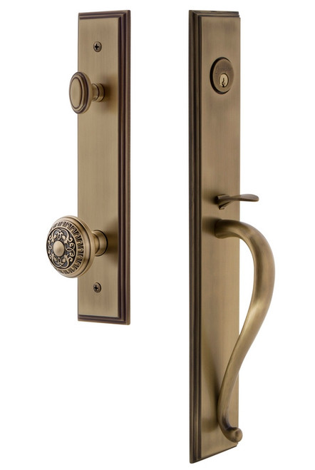 Grandeur Hardware - Carre One-Piece Handleset with S Grip and Windsor Knob in Vintage Brass - CARSGRWIN - 845567