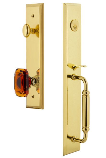 Grandeur Hardware - Fifth Avenue One-Piece Handleset with C Grip and Baguette Amber Knob in Lifetime Brass - FAVCGRBCA - 842501