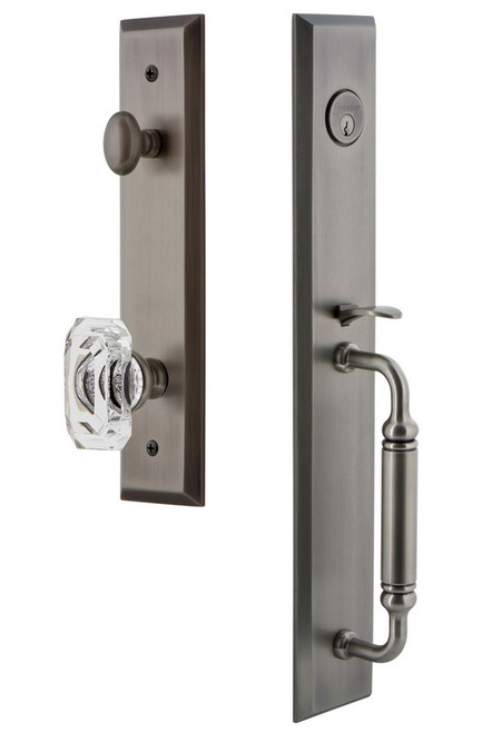 Grandeur Hardware - Fifth Avenue One-Piece Handleset with C Grip and Baguette Clear Crystal Knob in Antique Pewter - FAVCGRBCC - 842520