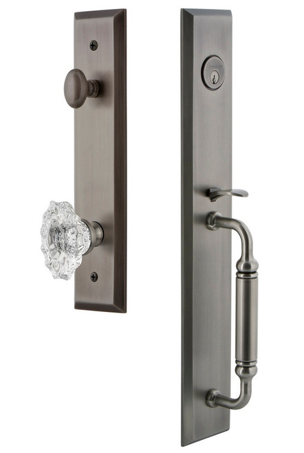 Grandeur Hardware - Fifth Avenue One-Piece Dummy Handleset with C Grip and Biarritz Knob in Antique Pewter - FAVCGRBIA - 849295